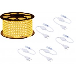 Bobina Striscia Led Luminosa 100 Metri Luce Bianco Caldo 5050 220v Flessibile da Interno ed Esterno + 5 spine